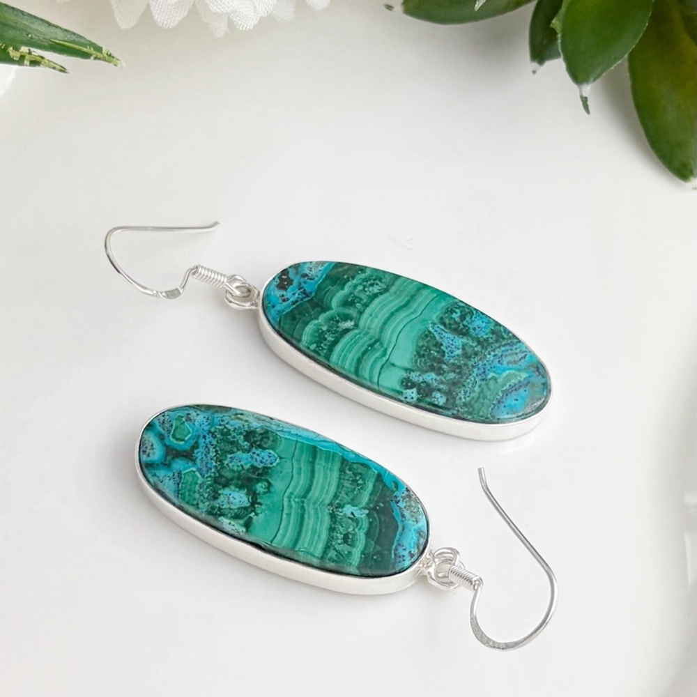 Top Quality Malachite Chrysocolla Pure Sterling Silver 925 Gemstone Earrings - Picture 6 of 9